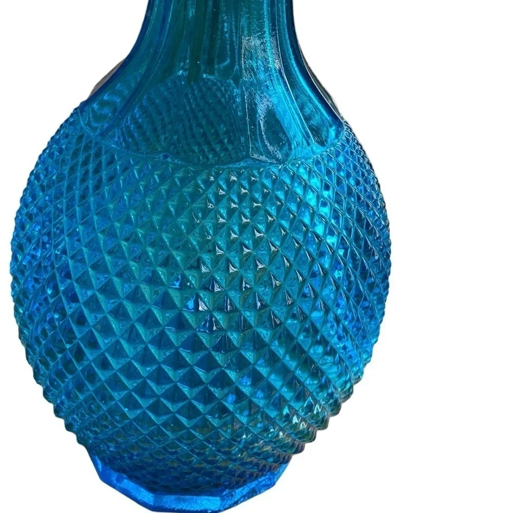 Blue Glass Diamond Point Cut Hobnail Glass Decanter No Cover